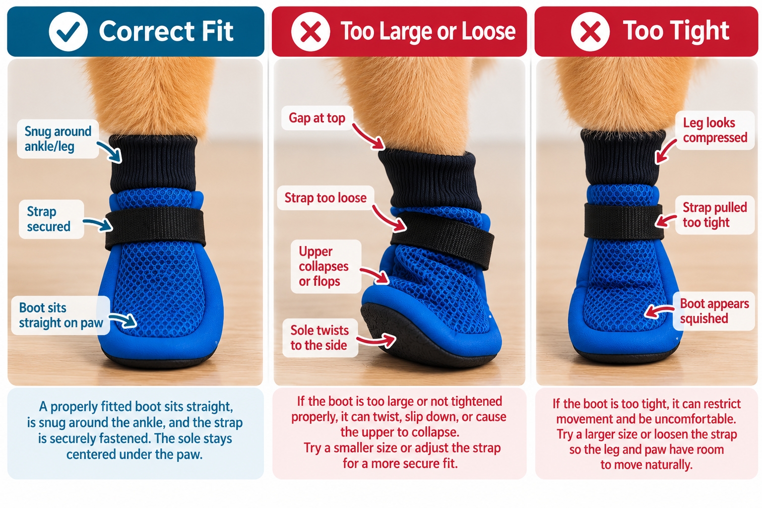 Dog boot fit guide showing correct fit, boots that are too large or loose, and boots that are too tight