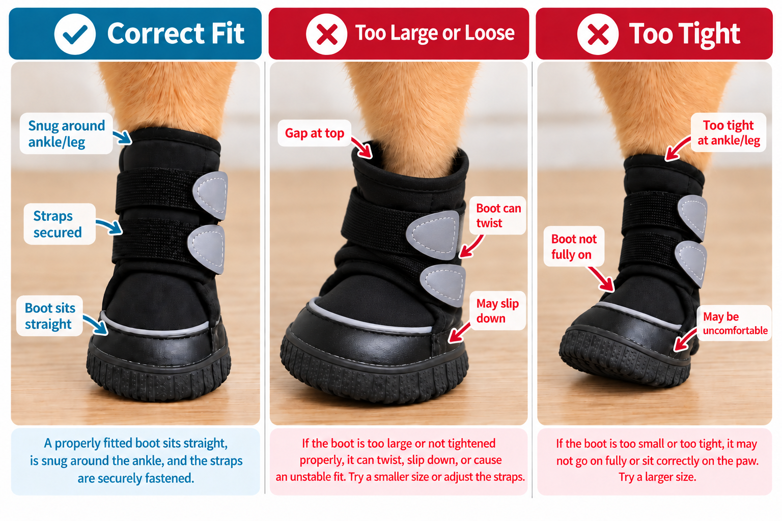 Dog boot correct fit compared with a boot that is too large or loose
