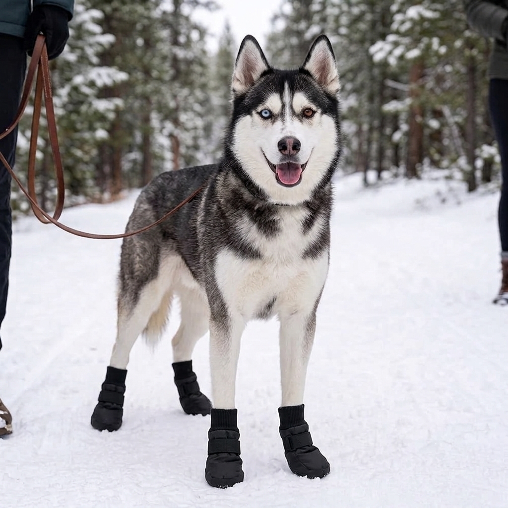 Siberian Husky wearing dog boots