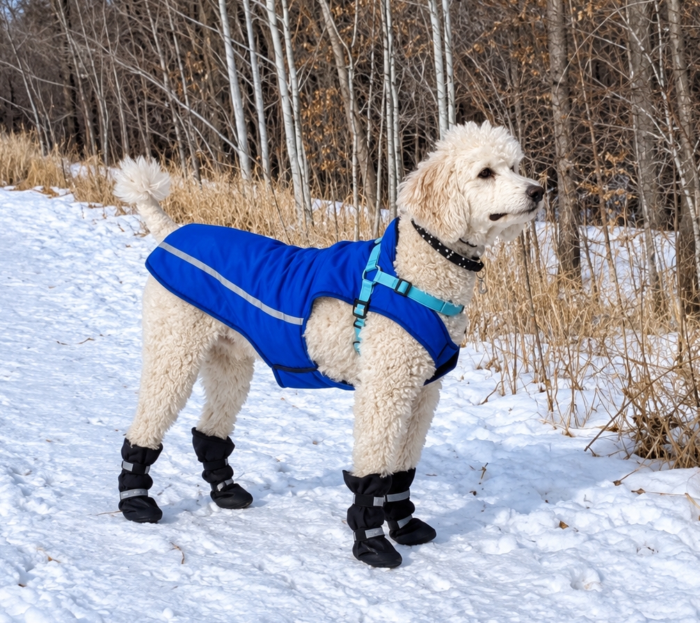 Standard Poodle wearing dog boots in the snow